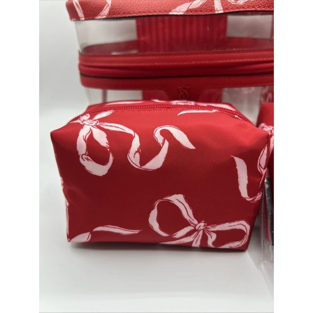 Victoria's Secret Makeup Bag 4 Pcs Red White Bows Train Case New With Tags